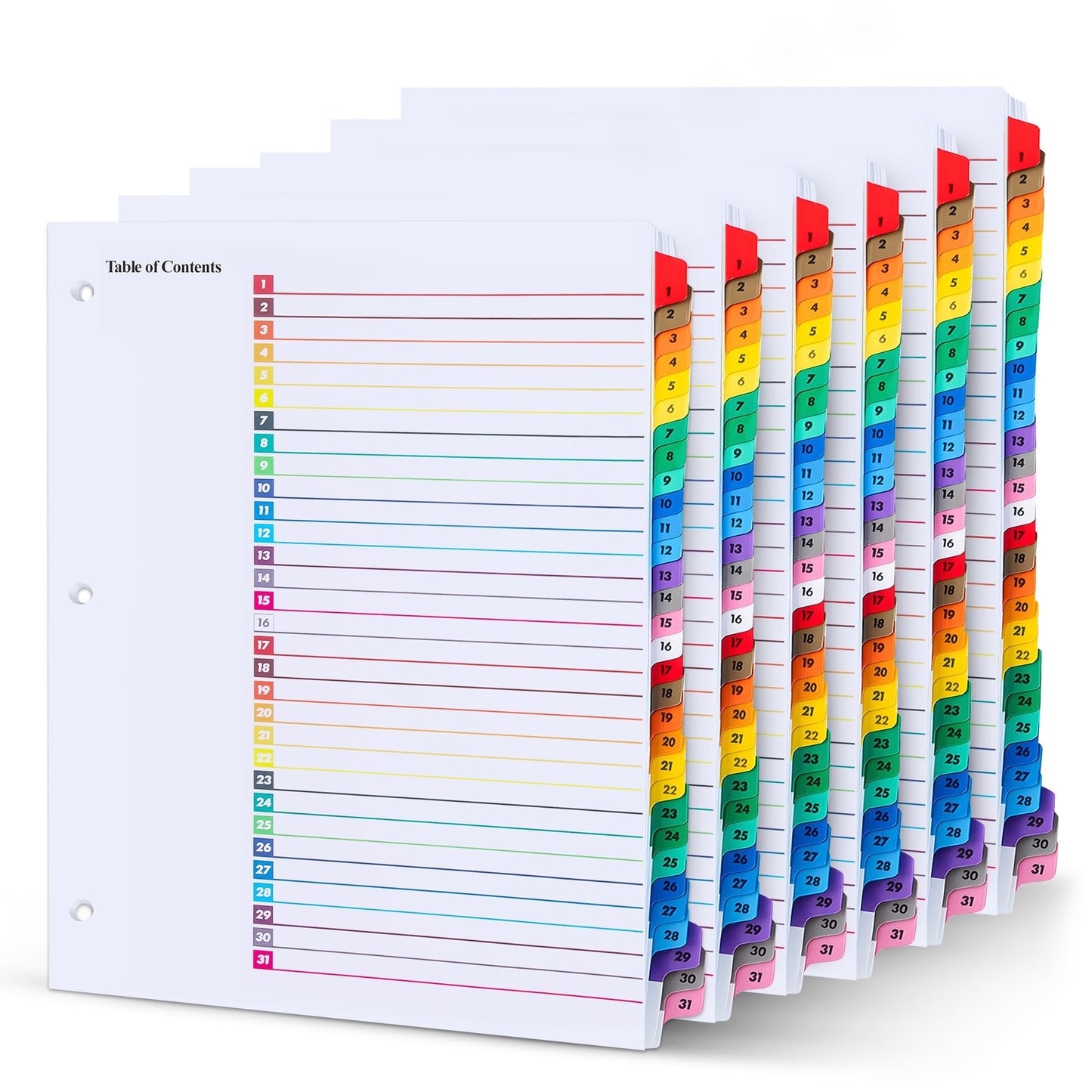 Tab Dividers for 3 Ring Binders – 6 Sets, 1–31 Numbered Index Dividers with Table of Contents – 8.5 x 11 in, 3-Hole Punched – Binder Dividers for School, Office, Filing, Organizing - 6 Pack