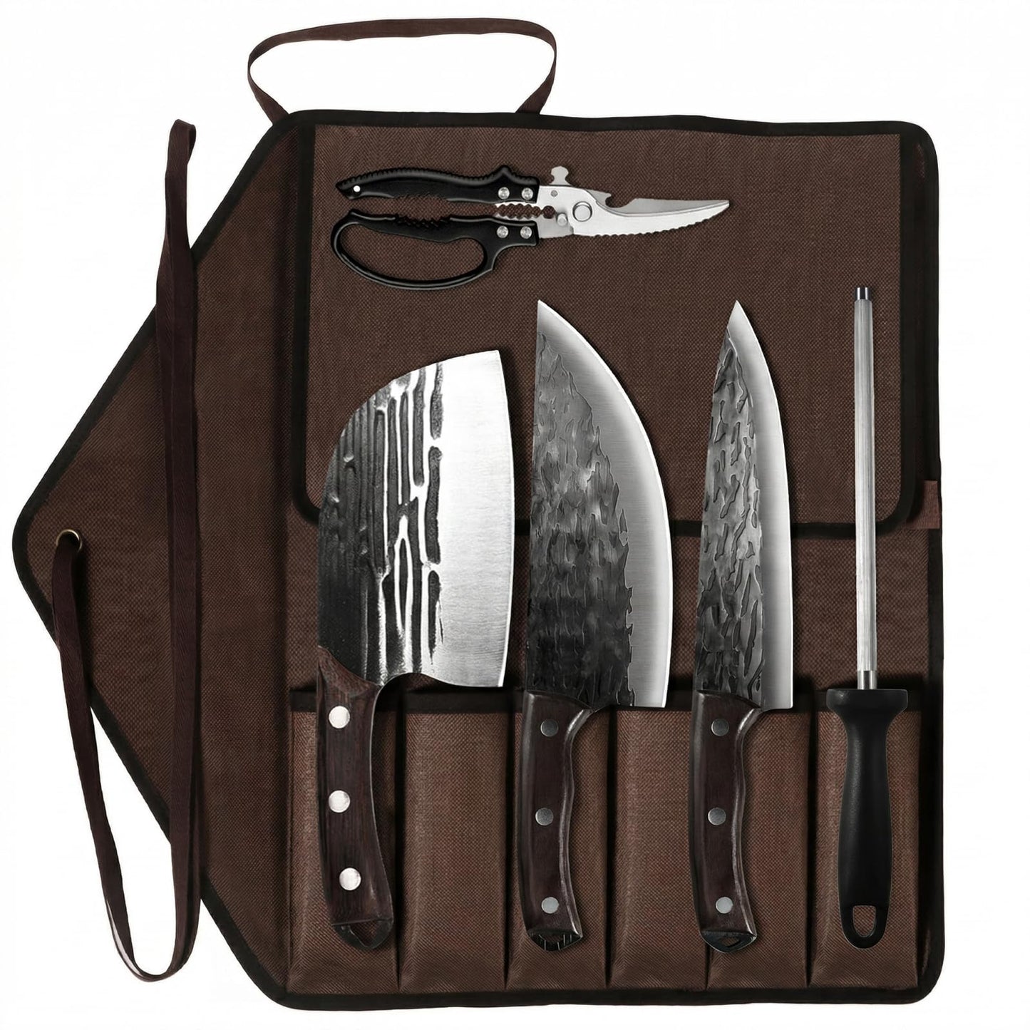KOFERY Hand Forged Butcher Knife Set with Full Tang Damascus Steel for Pit Master BBQ, Smoking Meat and Meat Carving, Including Roll Bag, Shears and Sharpener for Outdoor Camping Gifts for Men