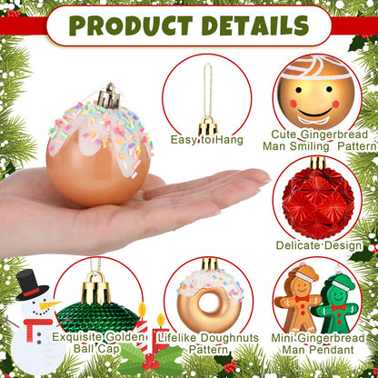 Syhood 40 Pcs Gingerbread Man Christmas Ball Ornaments 2.4 Inch Gingerbread Christmas Decorations Shatterproof Red Green Gold Candy Donut Xmas Baubles for Tree Home Wreath Holiday Office Indoor Decor