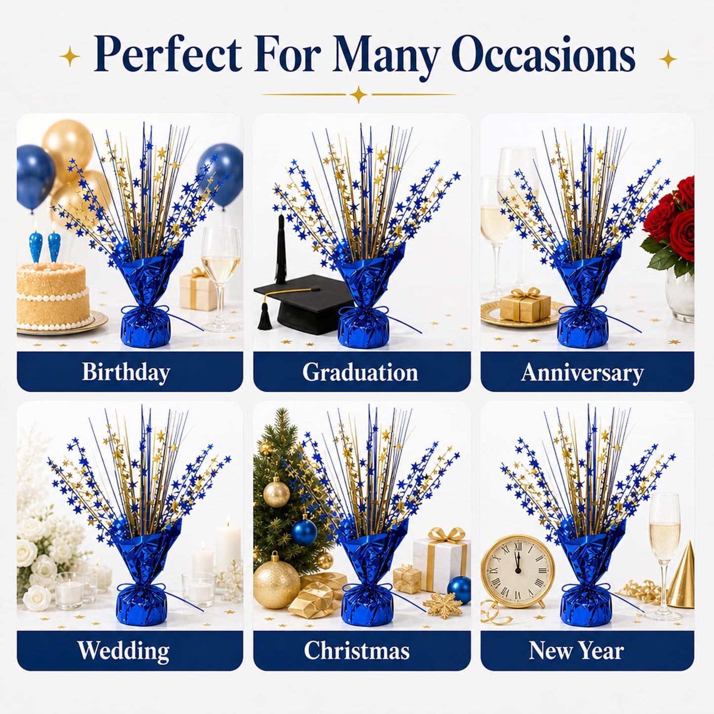 WMYQZXDF 6 Pack Metallic Foil Burst Star Table Decor, Blue & Gold Glitter Spray Centerpieces Scatter for Graduation,Birthday Party - Sparkling Tabletop Filler for Dessert Table or Holiday Celebration