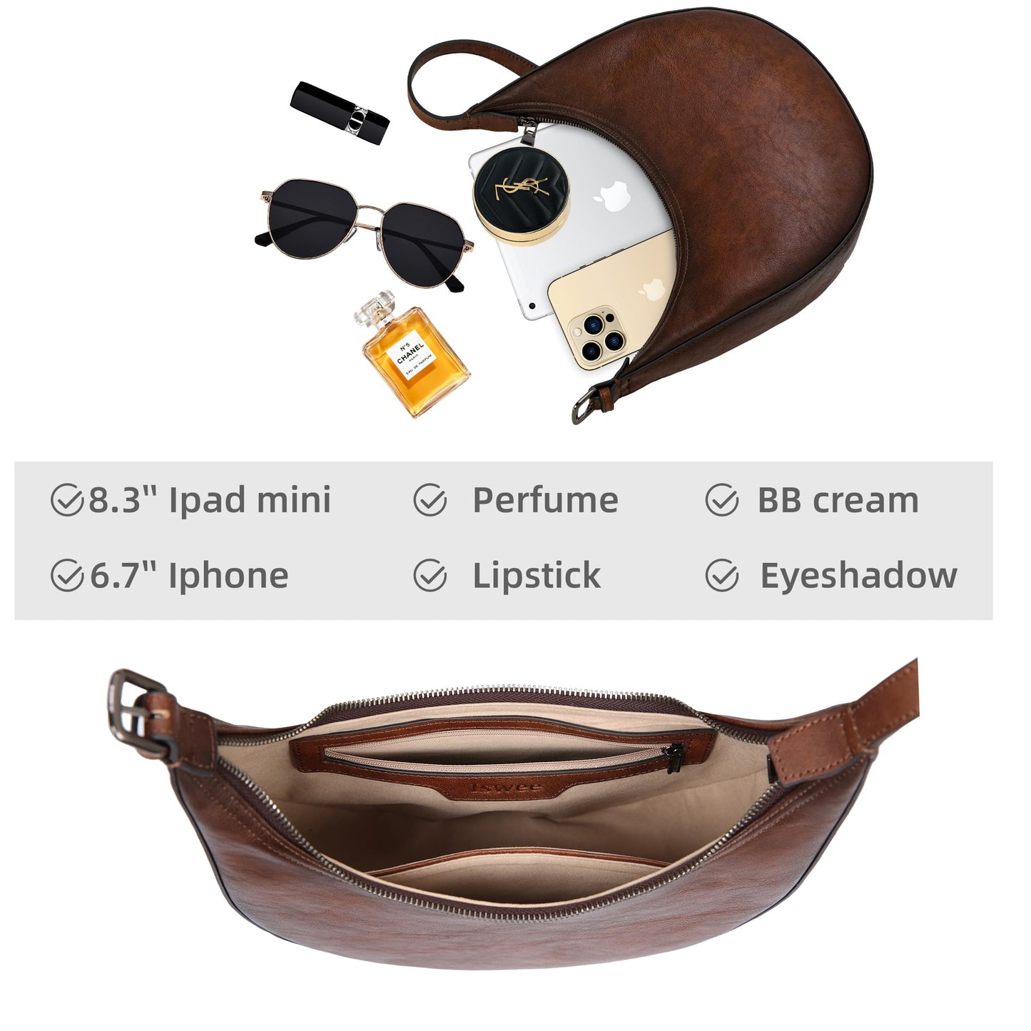 Iswee Leather Crossbody Purses for Women Hobo Shoulder Bag with Wide Strap Versatile Crescent Purse Satchel Bag Work Purse(Coffee)