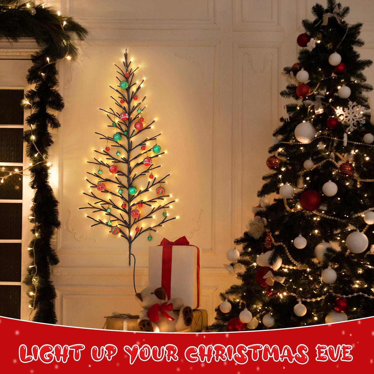 ElectricWise 5 FT 144 LED Lighted Wall Christmas Tree with Decorative Balls, 8 Light Modes Plug in Half Christmas Tree, Hanging Flat Mounted Trees for Holiday Apartment Room(Black, Red and Green)