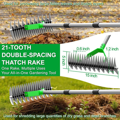 Thatch Rake for Lawn with 68" Adjustable Handle, 15" Heavy Duty Dethatcher Rake for Lawn, Thatching Rake with Dual-Action Tines, Dethatching Rake for Efficiently Removes Dead Grass, Loosens Soil