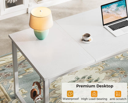 ODK Computer Desk Large Office Desk, 63 Inch Gaming Desk with Storage, Modern PC Work Table with Headphone Hook for Home Office, Splice Board, White + White Leg