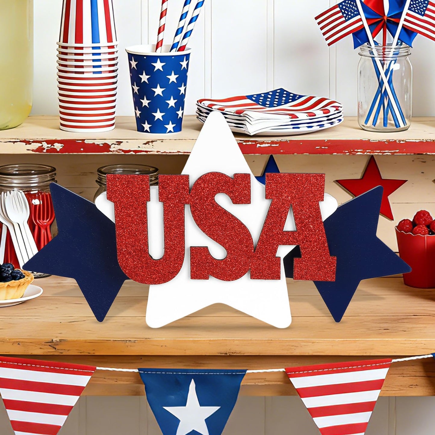 COCHIE Glitter USA Sign 4th of July Decorations for Office, Home, Table, Mantel, Shelf, Desk, 5x10 Inch Patriotic Memorial Day Star Sign, Wooden Red Blue White Decor Labor Day Centerpiece (Star)