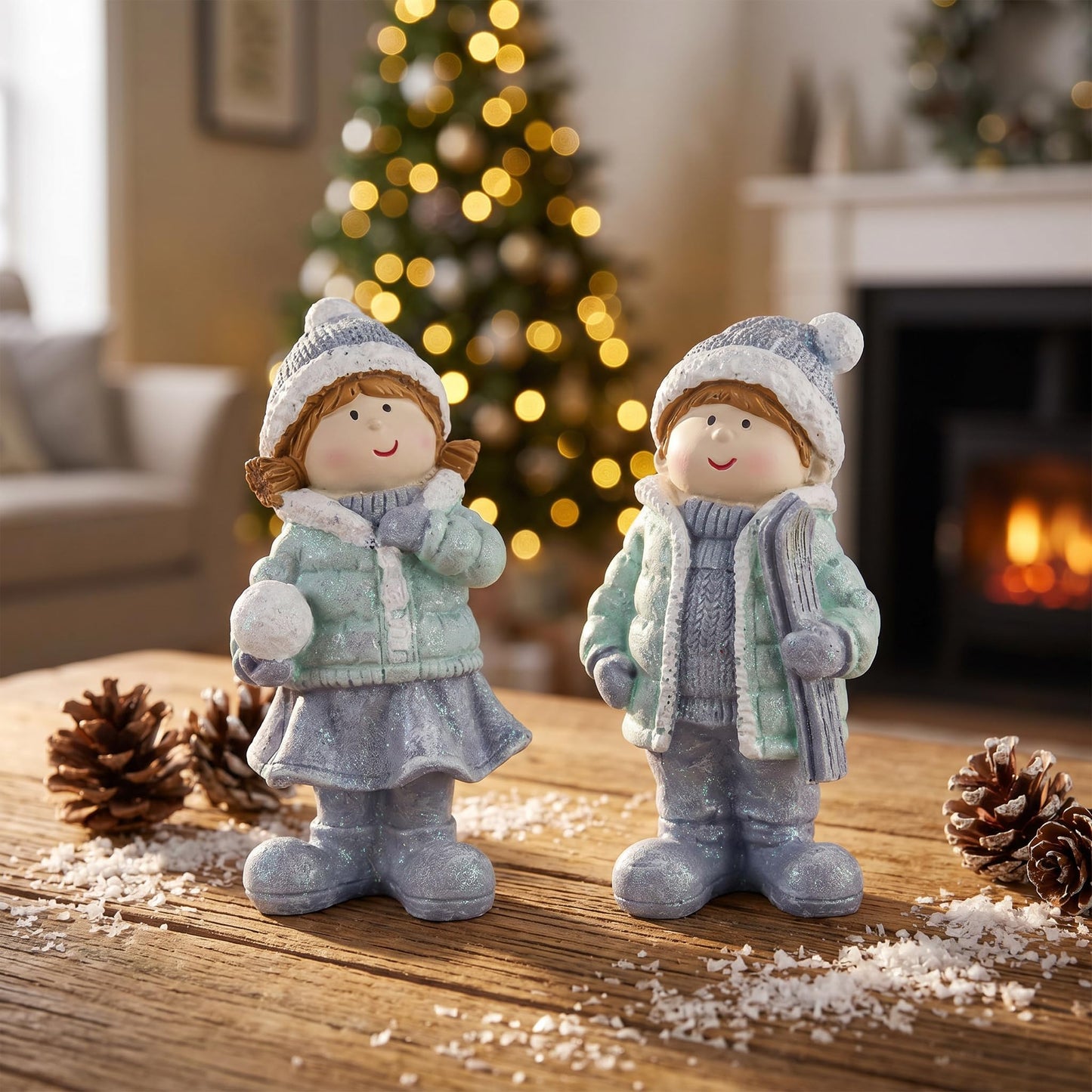 Brizoria Miniature People Figurines Set of 2 Glitter Resin Boy and Girl Winter Decorations for Home Indoor Tabletop Mantel Shelf Cute Christmas Home Decor Small Tiny People Figurines