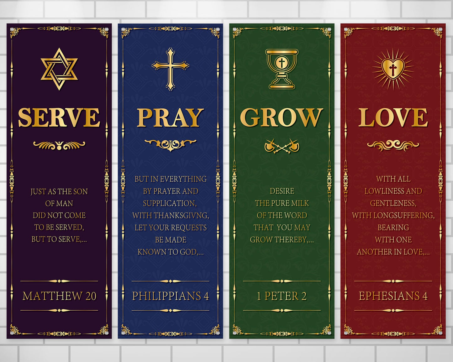 4Pcs Welcome Religious Easter Banners for Church Sanctuary Wall - Hanging Backdrop Worship Christian Nativity Banner Scripture Porch Signs for Easter School Nativity Decor