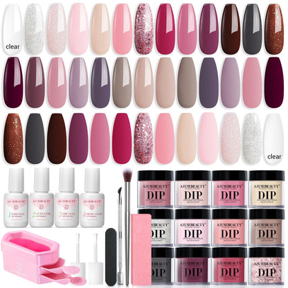 AZUREBEAUTY 31 Pcs Dip Powder Nail Kit 20 Colors Glitter Nude Brown Pink White Gray Dip Powder Liquid Set with Top/Base Coat Activator for French Nails Art Manicure DIY Salon Women Valentine's Gift