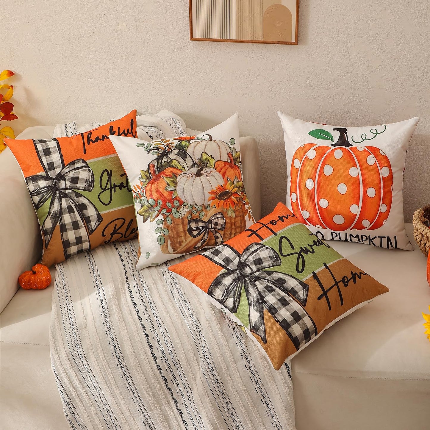 Fall Decorations Set Of 4 Double-Sided Print Fall Pillow Covers with 8 Cute Autumn Decor Patterns, Elegant Invisible Zipper, 20" x 20" Soft Linen Throw Pillow Covers for Outdoor & Indoor Use