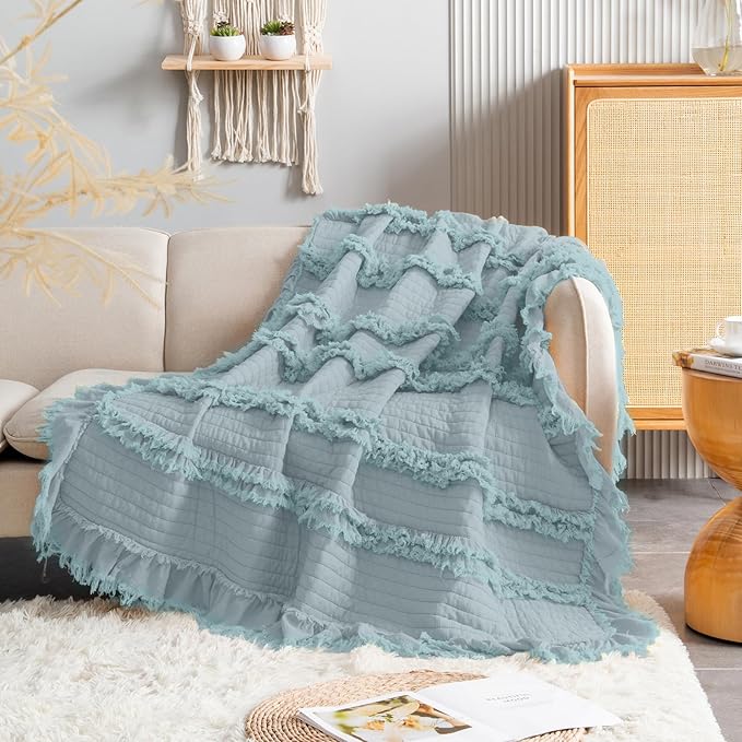 Ultra Soft Pre-Washed Quilted Boho Blue Green Twin Size Blankets for Bed, Ruffle Fringed Decorative Throw, Stone Washed Chic Rustic Blanket for Sofa Couch Bed, 60"*80"