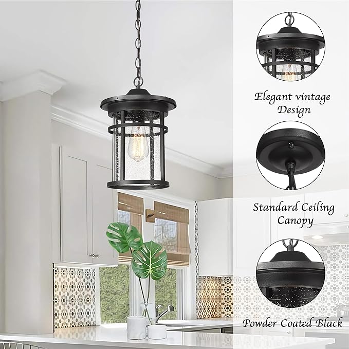 Bestshared Outdoor Pendant Lighting, 1-Light Outdoor Hanging Lantern Light Fixtures for Porch, Farmhouse Style Exterior Porch Lights with Seeded Glass