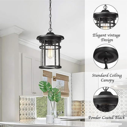 Bestshared Outdoor Pendant Lighting, 1-Light Outdoor Hanging Lantern Light Fixtures for Porch, Farmhouse Style Exterior Porch Lights with Seeded Glass