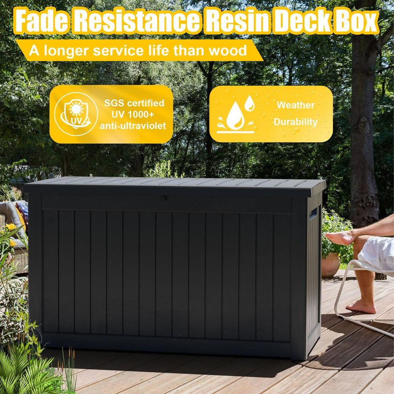 PatioZen 280 Gallon Outdoor Deck Box,Waterproof Resin Outdoor Storage Boxes, Outside Storage Lockable Container for Garden Tools,Indooor Cushions,Accessories (Black)