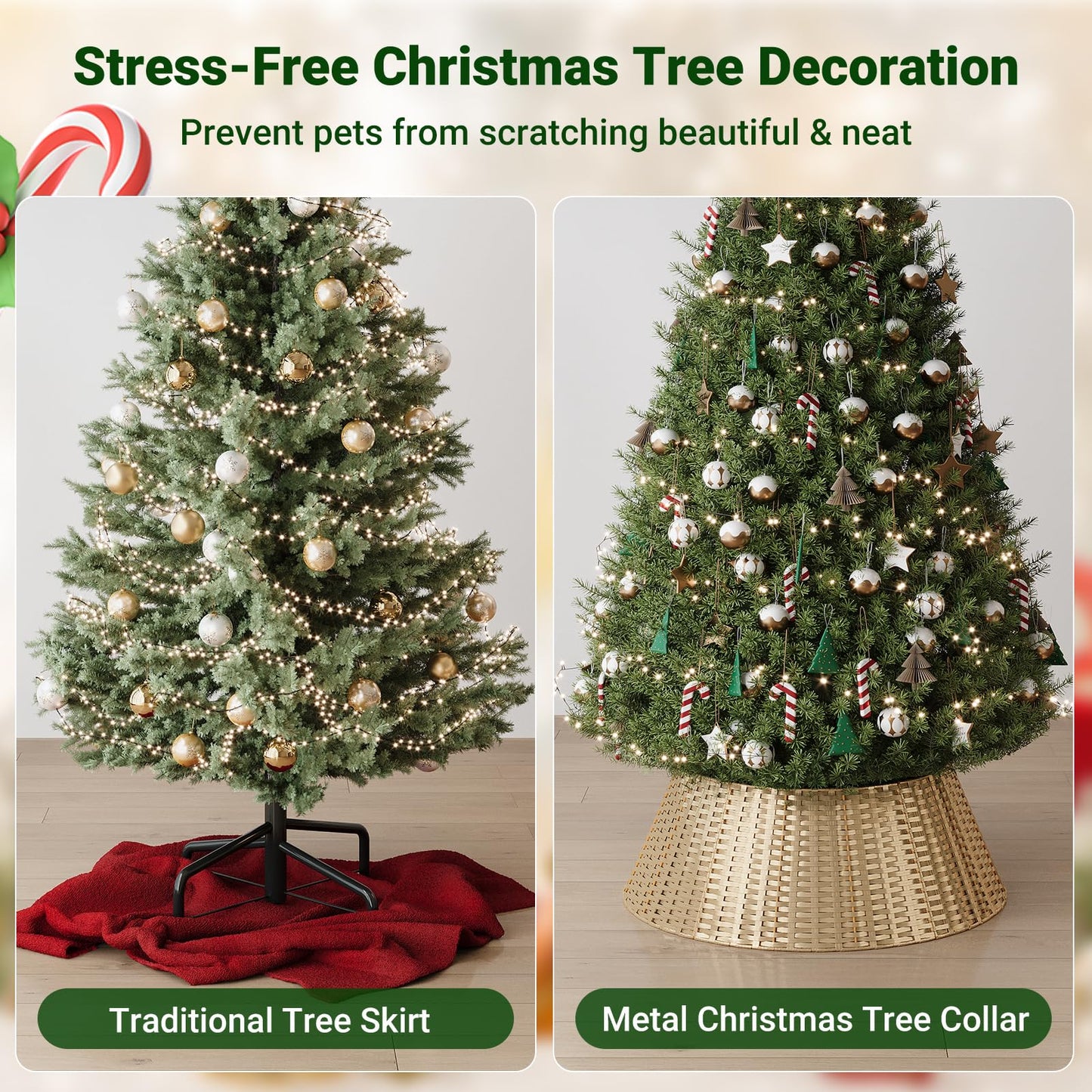 ELYKEN Gold Christmas Tree Collar, 28 Inch Woven Xmas Tree Skirt for 7.5 ft Trees, Stylish Rustic Basket for Tree Base Cover with Cord Cut-Out for Pencil Trees, Easy Assembly