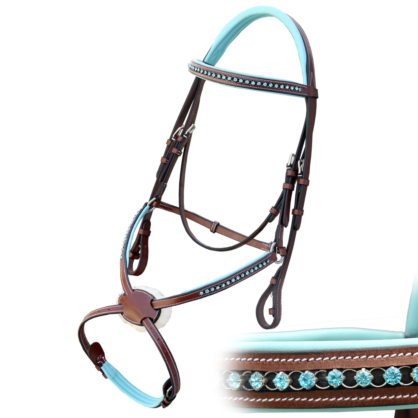 Exion Soft Lined with Blue Bling Figure 8 Bridle and Rubber Reins for Horses | English Figure 8 Blue Bridle
