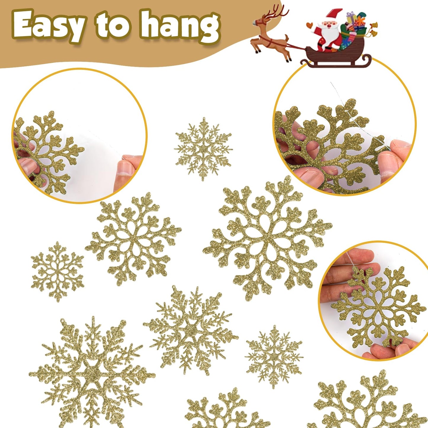 36pcs Christmas Gold Snowflake Ornaments Plastic Glitter Snow Flakes Ornaments for Winter Christmas Tree Decorations Size Varies Craft Snowflakes