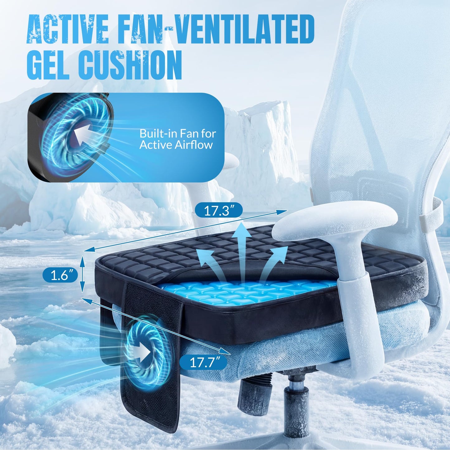 Cooling Seat Cushion with Fan, 5V2A USB Powered (No Battery), Gel Cooling Cushion with 3-Speed Airflow for Long Sitting, Plug-in Portable Seat Cushion for Office Chair, Car, Gaming, Wheelchair