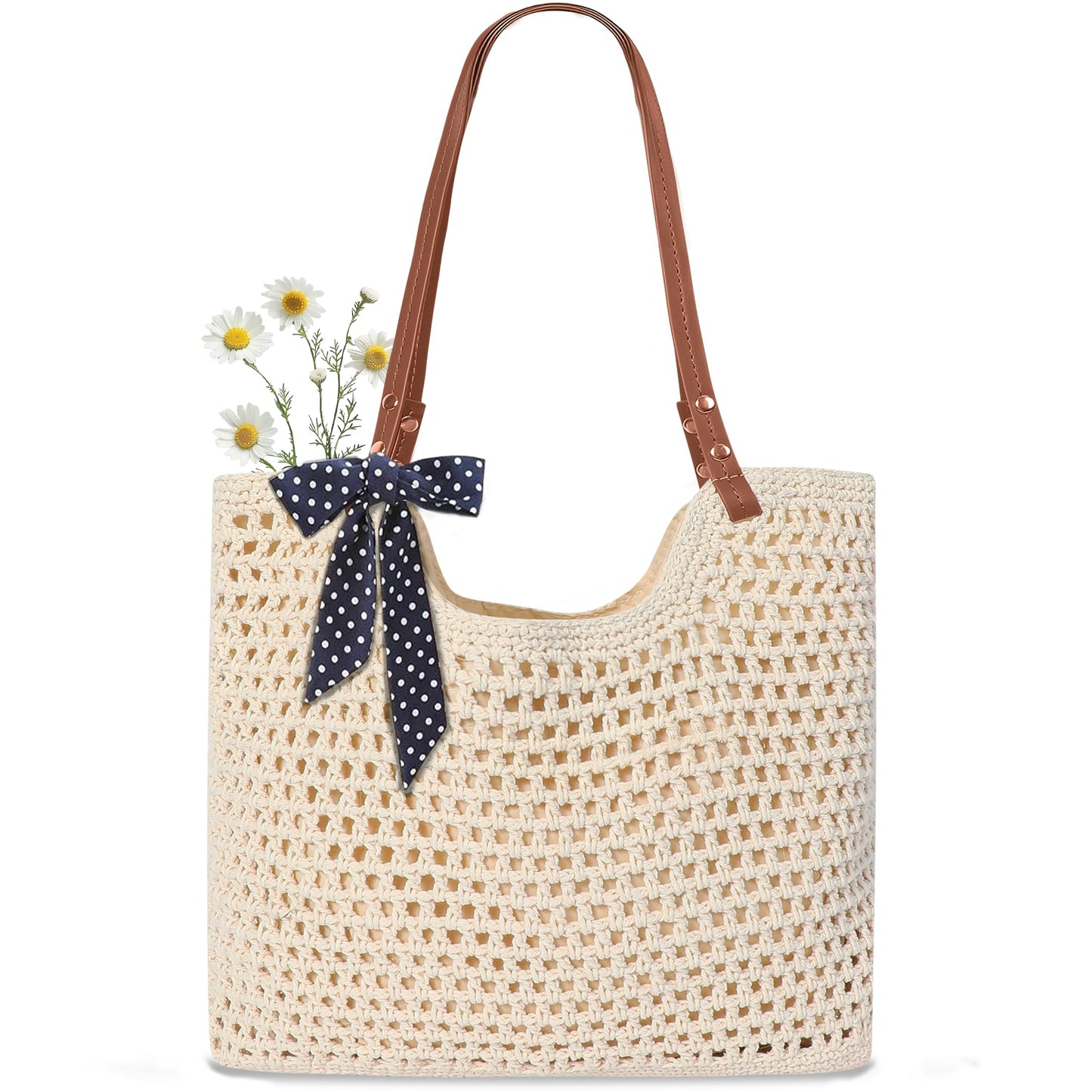 Crochet Mesh Beach Tote Bag, Large Woven Shoulder Bag with Leather Handles, Inner Pocket, Boho Summer Travel Purse for Women