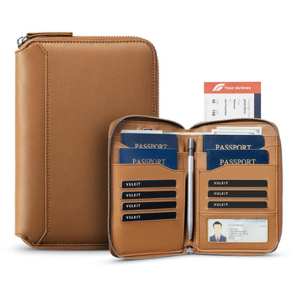 VULKIT Leather Passport Holder for 4-8 Passports Family RFID Blocking Passport Wallet with Zipper Travel Documents Organizer for Men or Women (Brown)