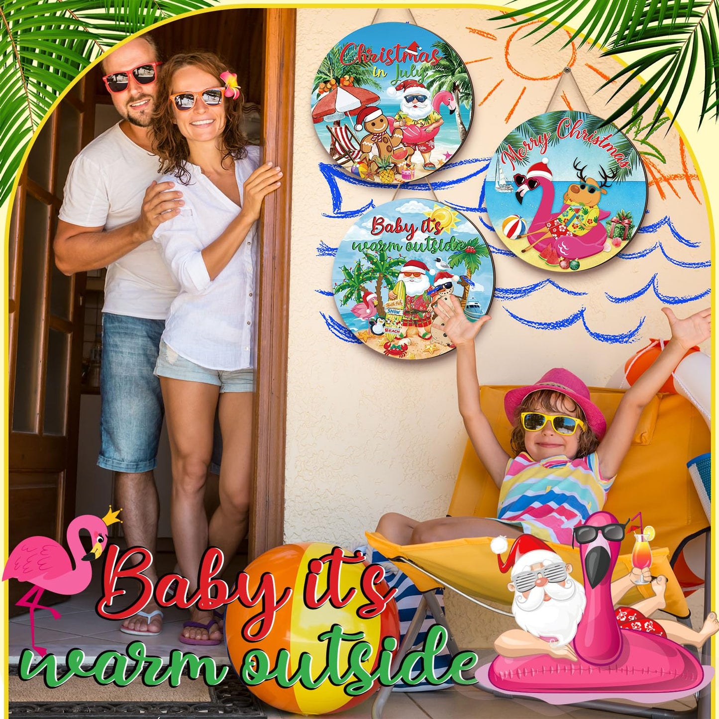Blosssound 3 Pcs July in Christmas Decorations Summer Front Door Sign with Flaming Santa Beach Snowman Hawaiian Wooden Hanger Door Sign for Farmhouse Home Summer Xmas Decor Supplies