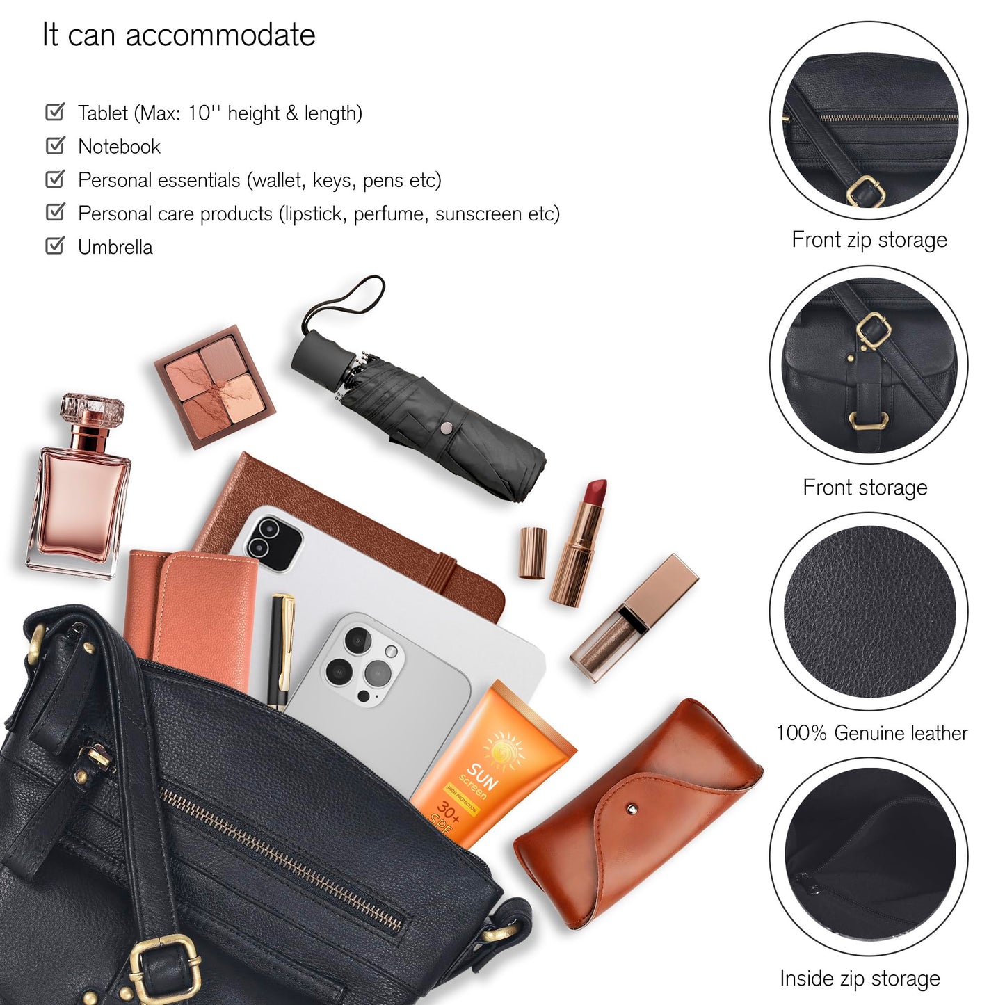 Oak Leathers Leather Crossbody Bag For Women With Adjustable Sling Strap - Medium Size Crossover Shoulder Handbag Purse (Black Smooth)