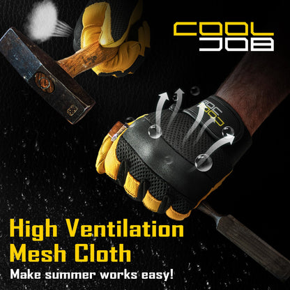 COOLJOB Breathable Mesh Cowhide Leather Work Gloves with Grip, Thorn Resistant Gloves for Gardening Pruning, 1 Pair, S