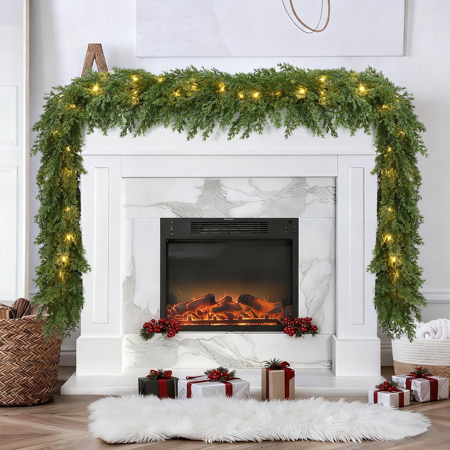 Lvydec Lighted Christmas Pine Garland Decoration, 9ft Realistic Cedar Cypress Garlands Christmas Greenery Garland with Lights for Holiday Mantel Fireplace Table Centerpiece (9ft)