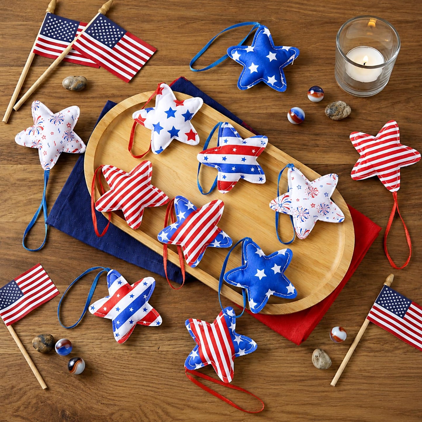 RattanView 24 Pcs 4th of July Ornaments Felt Star Patriotic Decoration for Tree 250th Anniversary Red White Blue Hanging Ornaments for Independence Day Memorial Day Party Supplies (Star)