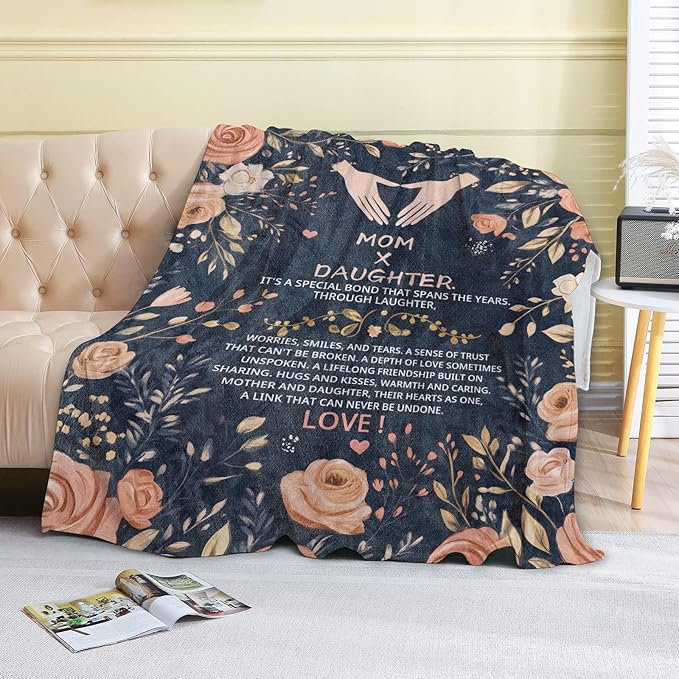 Mother's Day Fleece Blanket - 60x80in Mom from Daughter Birthday Heartfelt Message Floral Throw Blankets,Soft Cozy Lightweight, Ideal for Living Room Home Decor and Women Gifts