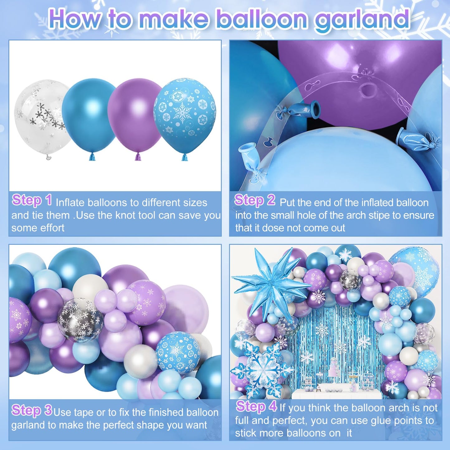 Amandir 162PCS Snow Birthday Party Supplies, Snow Balloon Garland Arch Kit Fringe Curtain Blue Purple Snowflake Confetti Balloons Princess Winter Wonderland Girl Baby Party Decorations