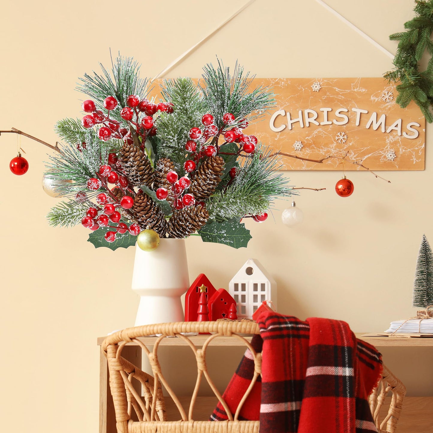 Sggvecsy 6 Pack Snow Frosted Christmas Berries Pine Picks Artificial Red Berry Pine Branches Frosted Faux Pine Stem with Pine Cones Holly Berry Leaves for Xmas Tree Wreath DIY Craft Holiday Decor