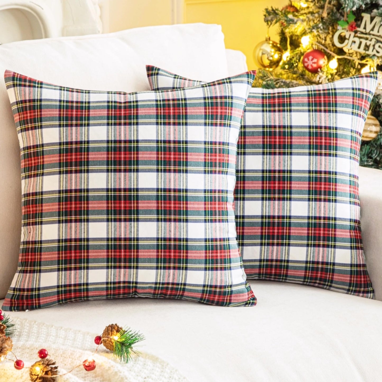 AQOTHES Pack of 2 Christmas Plaid Decorative Throw Pillow Covers Scottish Tartan Cushion Case for Farmhouse Home Holiday Decor Red and White, 24 x 24 Inches