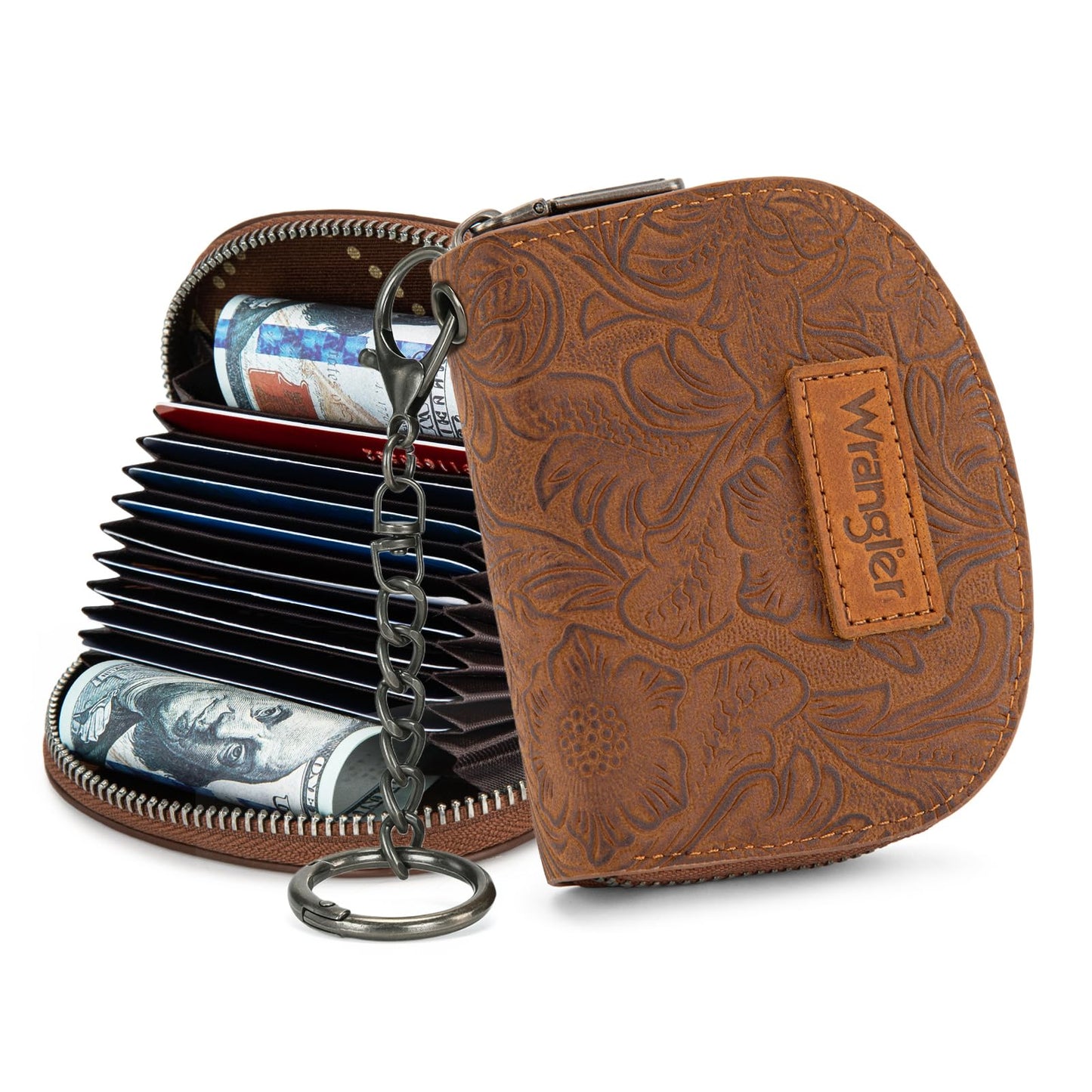 Montana West Wrangler Small Keychain Wallet for Women RFID Blocking Credit Card Holder Floral Tooling Coin Purse Brown WG338-W102-1BR