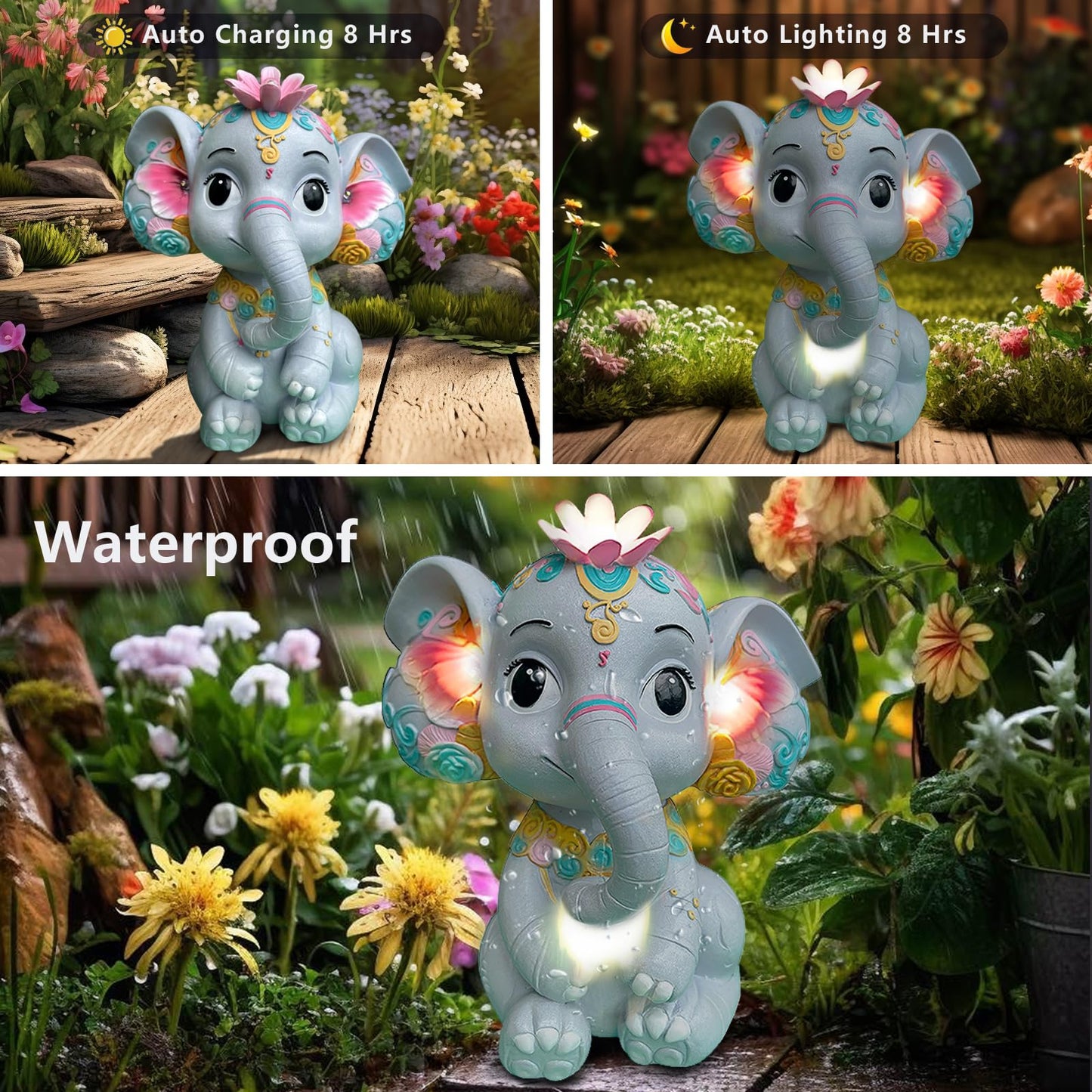 Sgreatiny Solar Garden Elephant Statue with 4 LED Lights