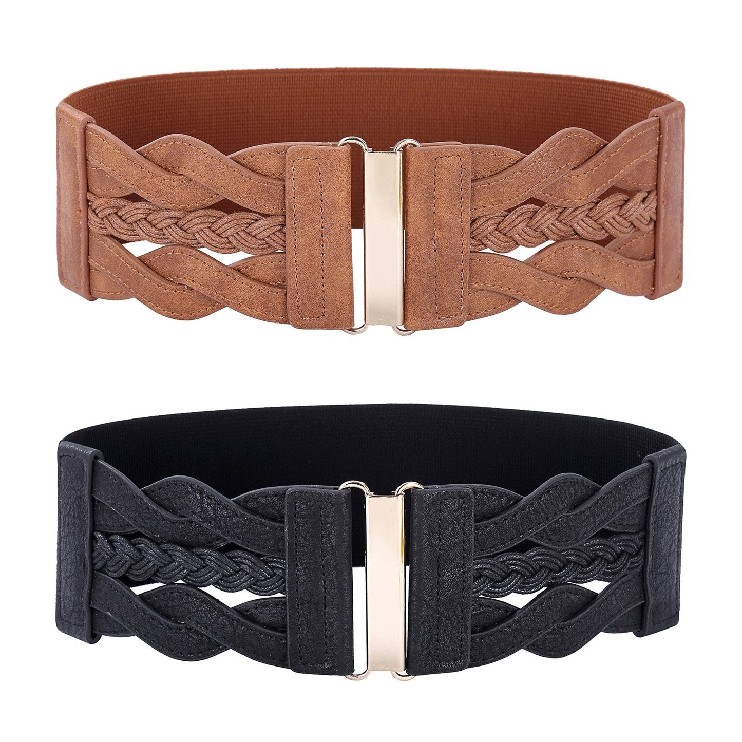 GRACE KARIN Womens Wide Elastic Belts PU Leather Waist Belts Vintage Fashion Woven Belt for Dresses Black Brown 2XL