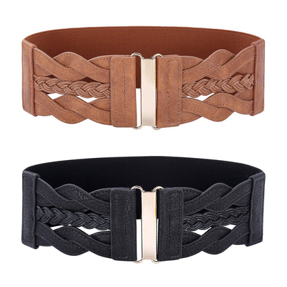 GRACE KARIN Womens Wide Elastic Belts PU Leather Waist Belts Vintage Fashion Woven Belt for Dresses Black Brown 2XL