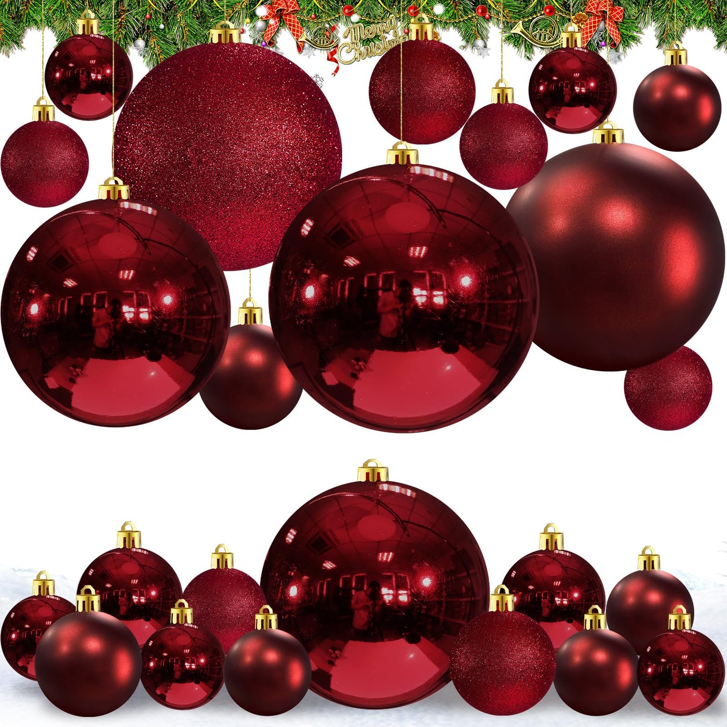 Marsui 24 Pcs Giant Christmas Balls Ornaments Extra Large Outdoor Cherry Christmas Ornament 8'' 6'' 3'' 2'' Large Xmas Balls Bulk Plastic Shatterproof for Xmas Tree Lawn Yard Porch (Frosted and Shiny)