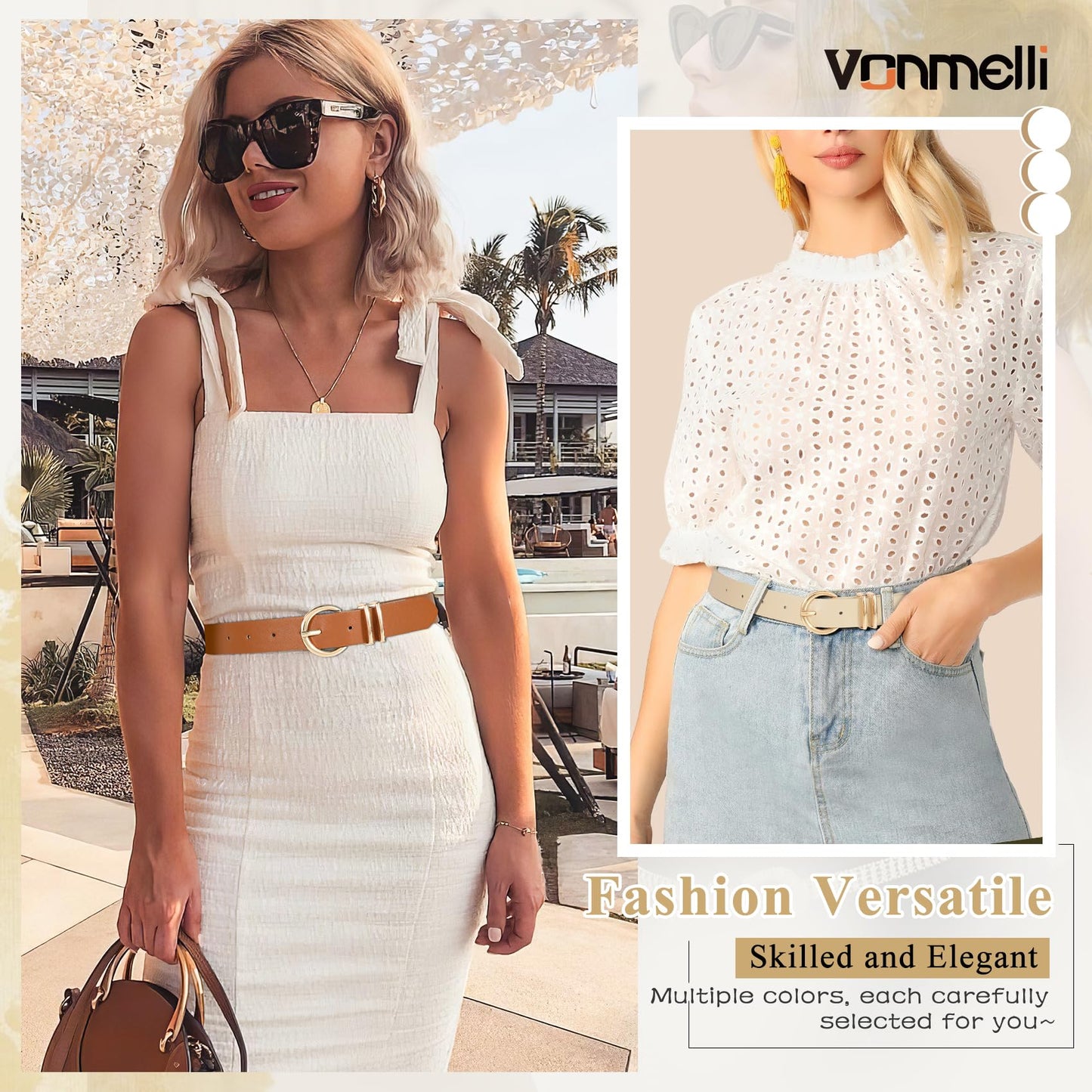 VONMELLI 3 Pack Women's Belts for Jeans Dresses Leather Belts for Women Ladies Waist Belt with Gold Buckle, Black Brown Beige M