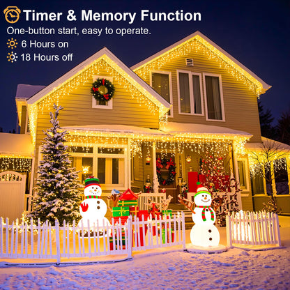 Einiiya Icicle Christmas Lights Outdoor, 66ft 640 LED Icicle Lights for Outside 8 Modes with 75 Drops, Plug in Christmas Light for House Indoor Holiday Wedding Christmas Decorations, Warm White