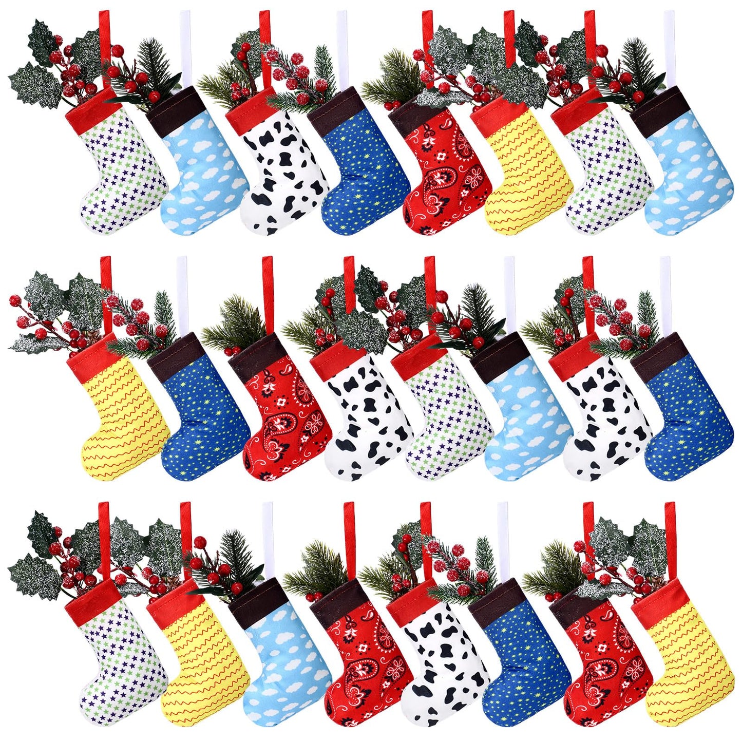Realspring 24 Pack Christmas Mini Cartoon Stockings 6 Inch Christmas Cow Blue Sky White Cloud Hanging Tree Ornament Stockings Filling Gift Fireplace Decorations Supplies for Xmas Holiday Present