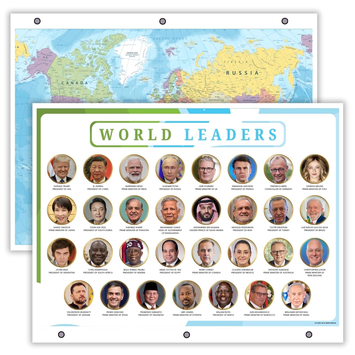 World Map & World Leaders Reference Page – Laminated, Double-Sided 3-Ring Binder Insert – Durable Gloss Global Geography & Leadership Chart for Study (2 Pack)