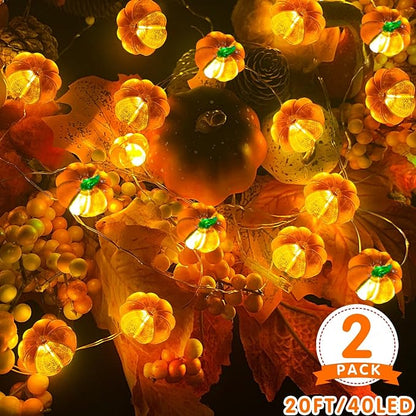 TURNMEON 2 Pack 3D Thanksgiving Pumpkin Lights Thanksgiving Decorations, Total 20Ft 40LED Warm White Pumpkin String Lights Battery Operated Thanksgiving Light Thanksgiving Decor Fall Home Indoor Decor