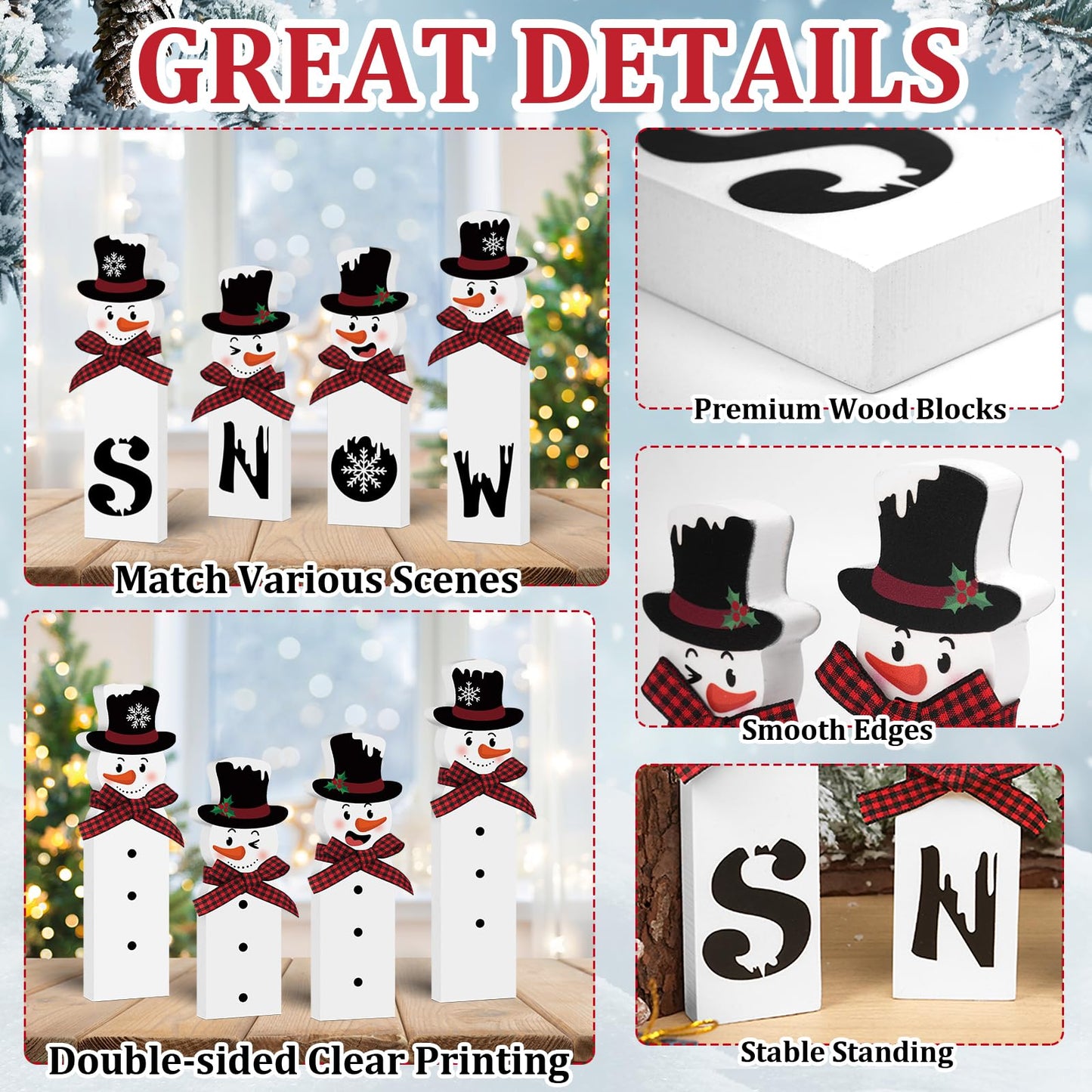 Christmas Snowman Decorations Indoor, Wooden Snowman Block Merry Christmas Sign, Let It Snow Winter Xmas Decor, Cute Xmas Tiered Tray Decorations Table Centerpiece for Mantel Home Holiday Decor