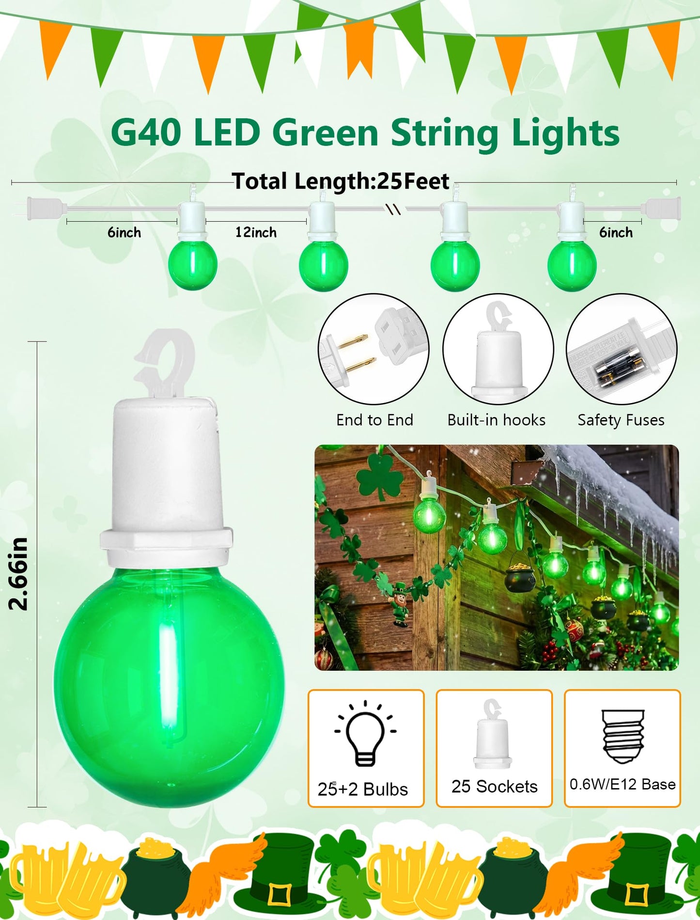 G40 LED St. Patrick's Day String Lights Outdoor, 25Ft St Patricks Decorations Lights Outdoor with Clear Green Round Bulbs, Hanging Patio Lights Shatterproof for Indoor Home Decor Party, White Wire