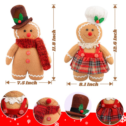 Christmas Decorations Indoor 12.6 inch Gingerbread Plush Ornaments Gingerbread Man Stuffed Animal Christmas Decor Gift for Kids Girls (Set of 2)