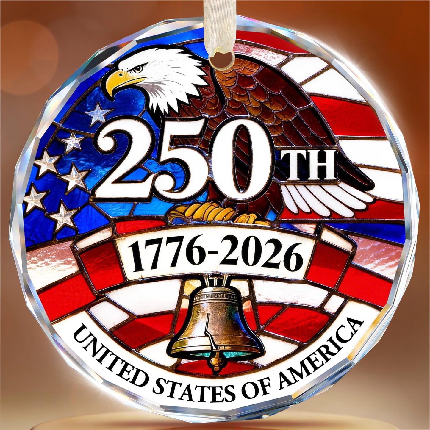 250 Anniversary USA Ornament for 4th of July Tree Decorations - Crystal Glass Patriotic Christmas Ornaments - 1776-2026 Bald Eagle Liberty Bell US Flag Keepsakee - Independence Day Souvenir Gifts