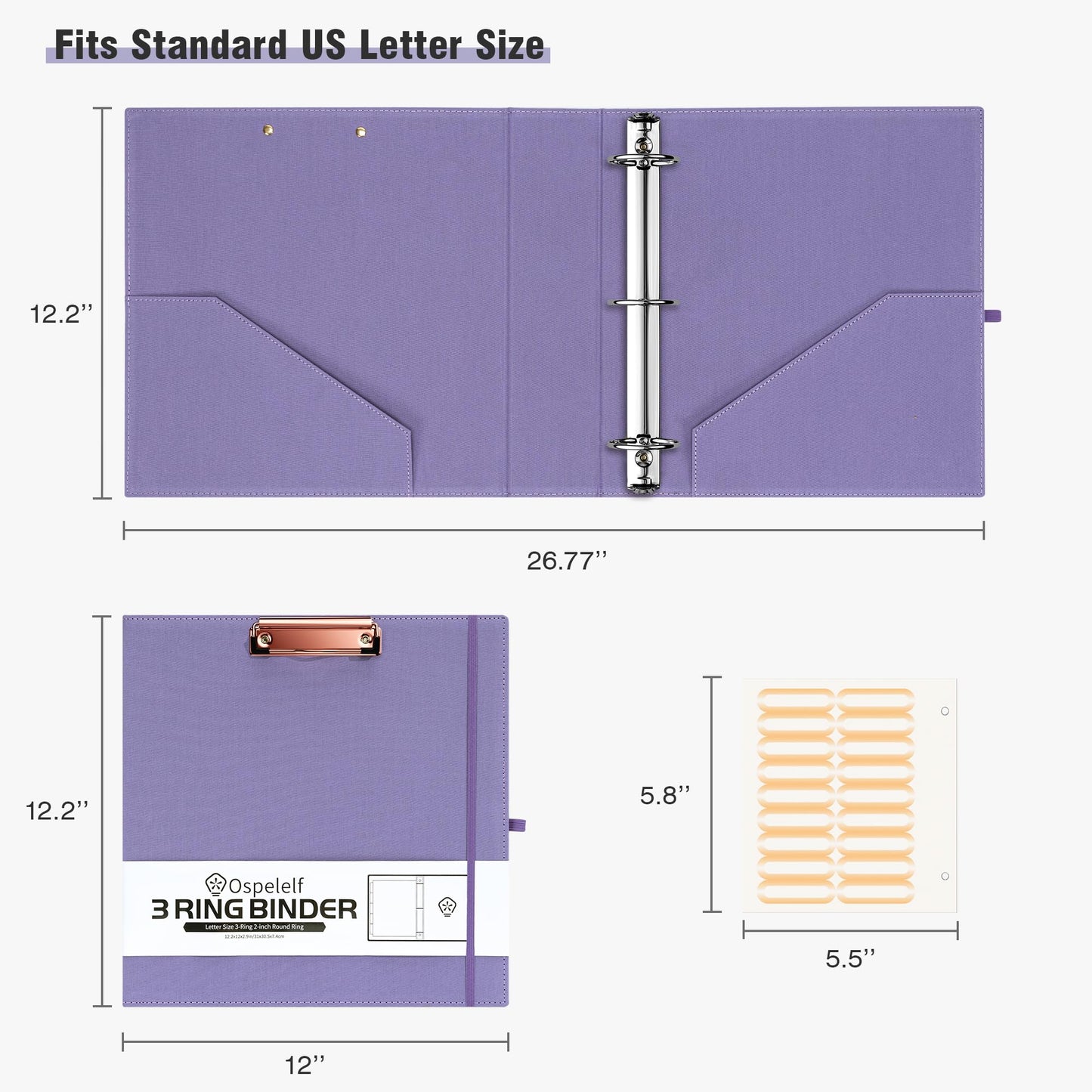 Ospelelf 2 Inch 3 Ring Binder Organizer with Zipper Pouch, Purple Linen Clipboards Portfolio (8.5" x 11"), 5 Plastic Folders with 10 Pockets, Hardcover School Binder