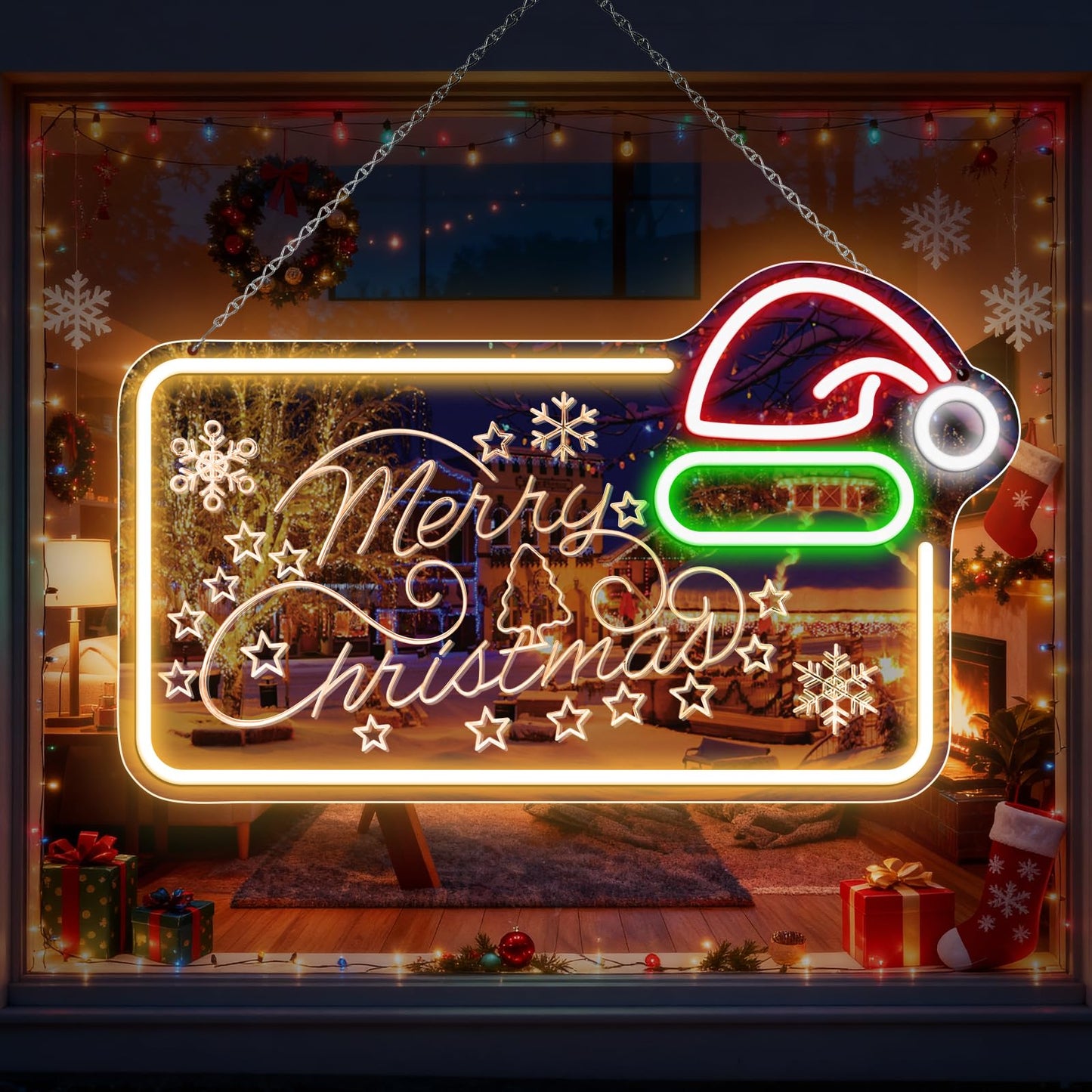 16.5 x 10’’ Mirror Merry Christmas Neon Sign, Carving LED Sign with Santa Hat, USB Powered Dimmable Switch for Xmas Party Kids Bedroom Bar Pub Club-Christmas Gift Decorations
