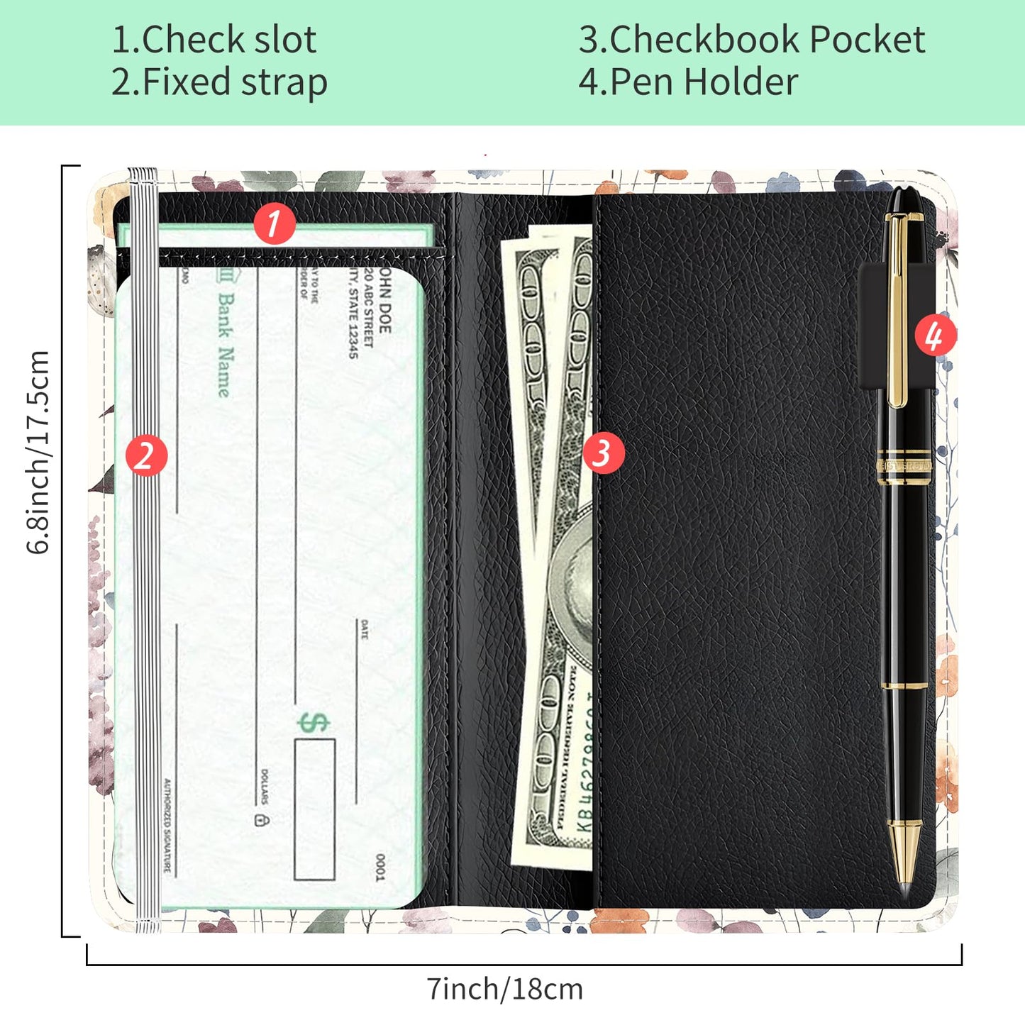 APVDSH Checkbook Cover for Personal Checkbook, Cute PU Leather Check Book for Women & Men, Slim Checkbook Holder with Pen Holder and Built-in Clear Plastic Divider Soft Neutral Floral