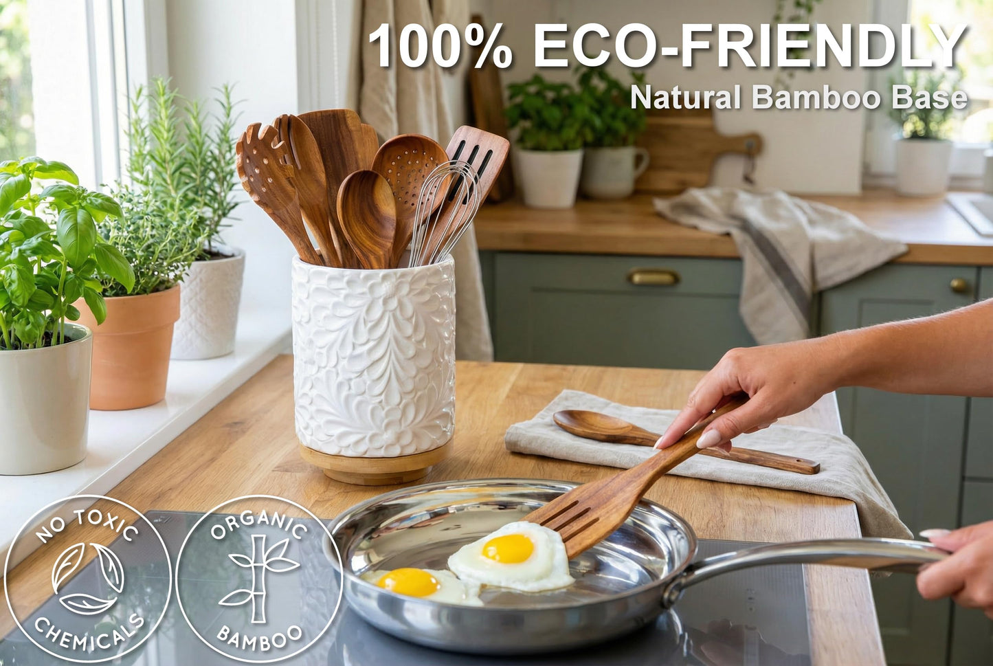 Extra Large 360° Rotating Utensil Holder for Kitchen Counter, 8.3” Cooking Utensil Holder for Countertop with Bamboo Base, White Ceramic Utensil Crock Canister for Cooking Utensils - Engraved Design
